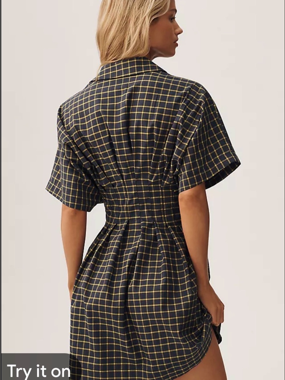 Anthropologie Tobie Mini Checked Short Sleeve Shirt Dress in Navy and Yellow - Picture 3 of 7